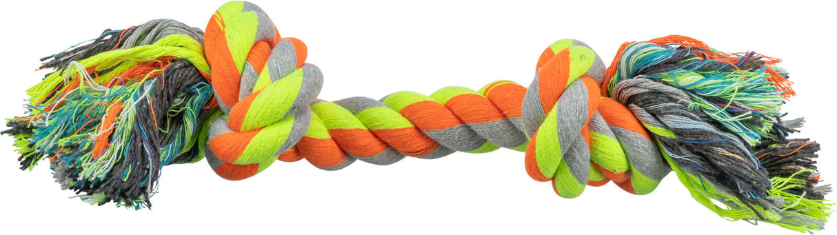 Geflochtenes, mehrfarbiges Spielzeugseil aus orange, grau, gelb und blauen Fäden mit Fransen an beiden Enden.