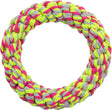 Geflochtener Ring aus bunten Fasern in Pink, Grün und Grau, symmetrisch angeordnet in leuchtenden Farben.