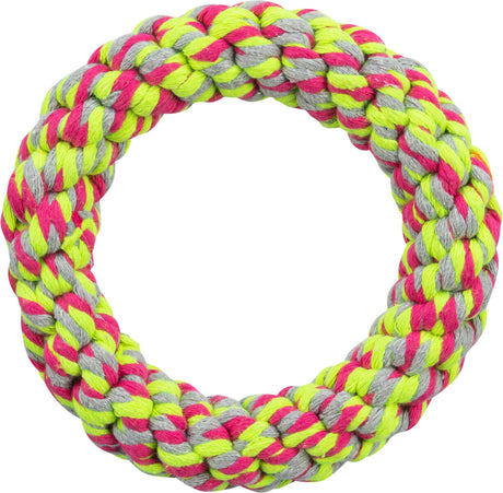 Geflochtener Ring aus bunten Fasern in Pink, Grün und Grau, symmetrisch angeordnet in leuchtenden Farben.