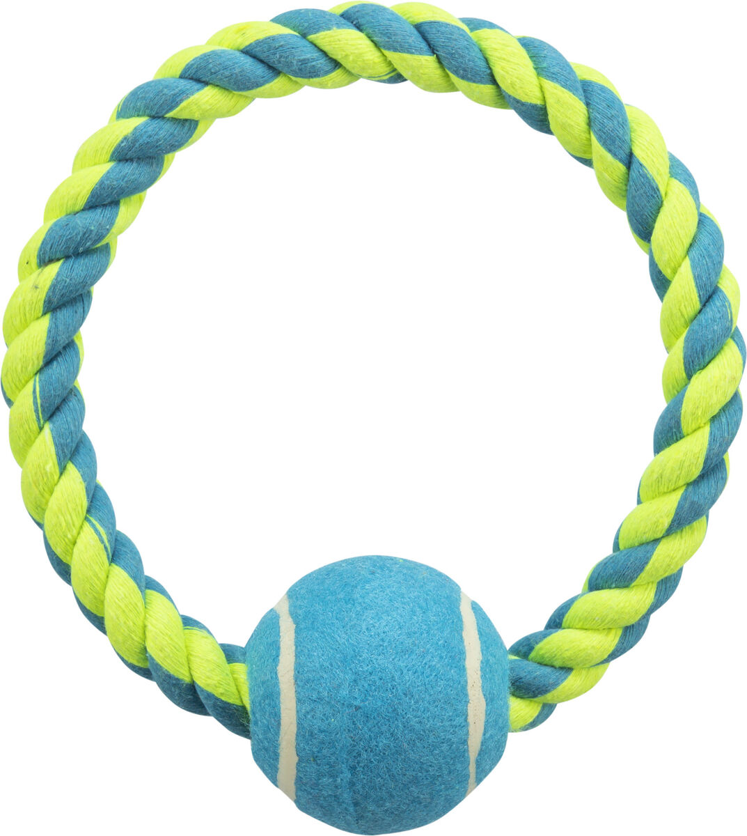 Blau-gelb gedrehtes Seilspielzeug mit einem befestigten blauen Ball, geeignet für Hunde.