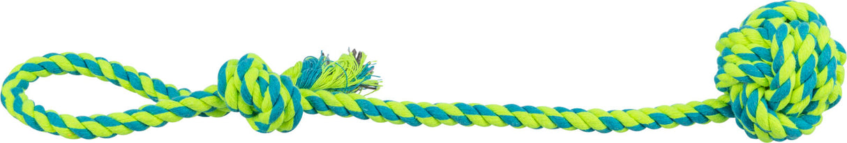 Geflochtenes Spielzeug aus blauem und gelbem Seil mit Schlaufe und Knoten.
