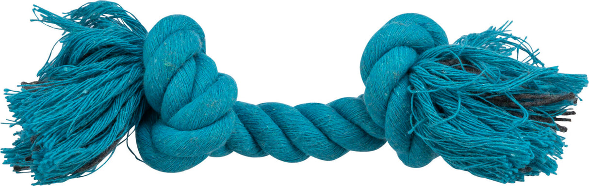 Ein blaues, geflochtenes Seilspielzeug mit zwei dicken Knoten und Fransen an den Enden.