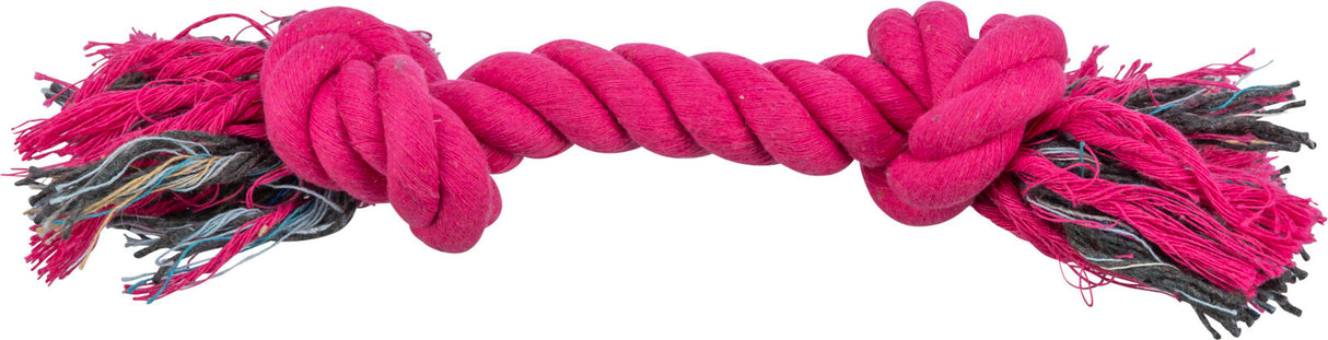 Rosa, gedrehtes Kauspielzeugseil mit Fransen an den Enden und farbigen Fäden durchzogen.