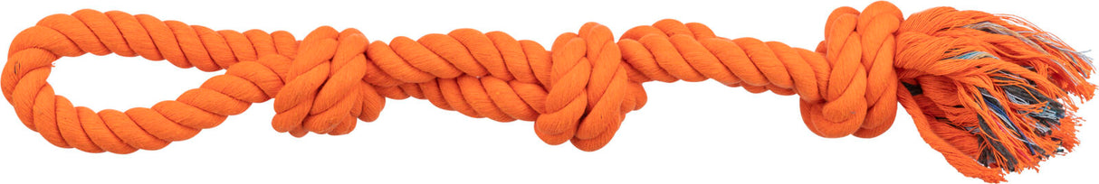 Ein orangefarbenes Kauseil aus gedrehten Fasern mit Knoten und gefranstem Ende.