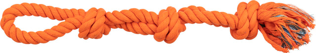 Ein orangefarbenes Kauseil aus gedrehten Fasern mit Knoten und gefranstem Ende.