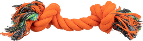 Orange und schwarzes Kauspielzeug aus geflochtenem Seil mit Fransen an beiden Enden.