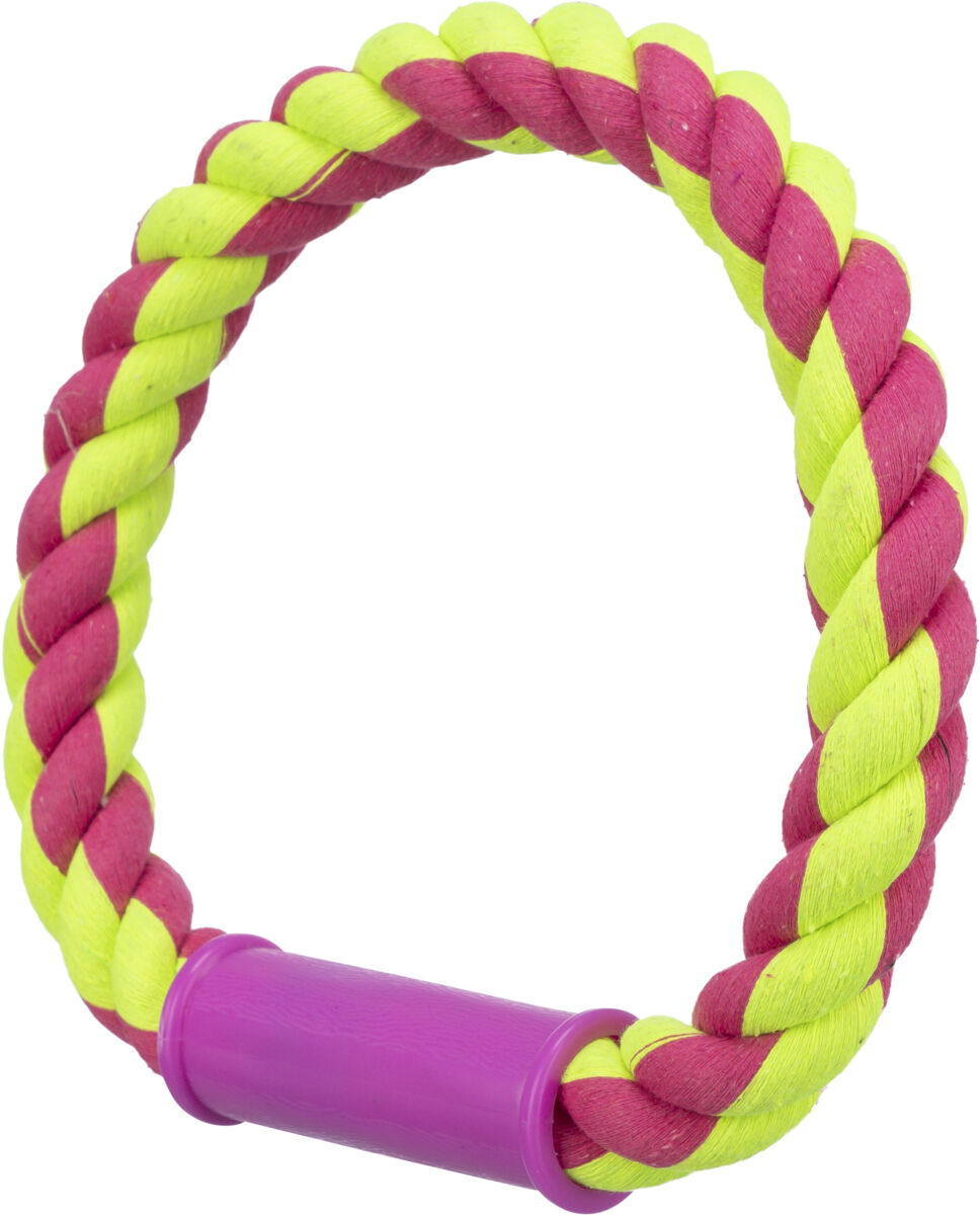 Geflochtenes Spielzeug aus rosa und gelben Strängen mit einem pinkfarbenen Kunststoffgriff.