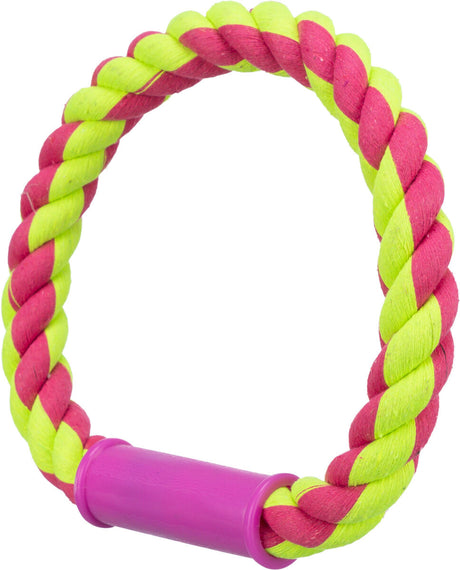 Geflochtenes Spielzeug aus rosa und gelben Strängen mit einem pinkfarbenen Kunststoffgriff.