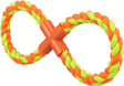 Geflochtenes Hundespielzeug aus orange und gelb gefärbtem Seil, mit orangefarbenem Kunststoffelement in der Mitte.