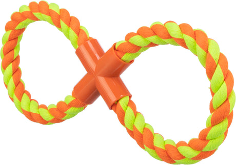 Geflochtenes Hundespielzeug aus orange und gelb gefärbtem Seil, mit orangefarbenem Kunststoffelement in der Mitte.