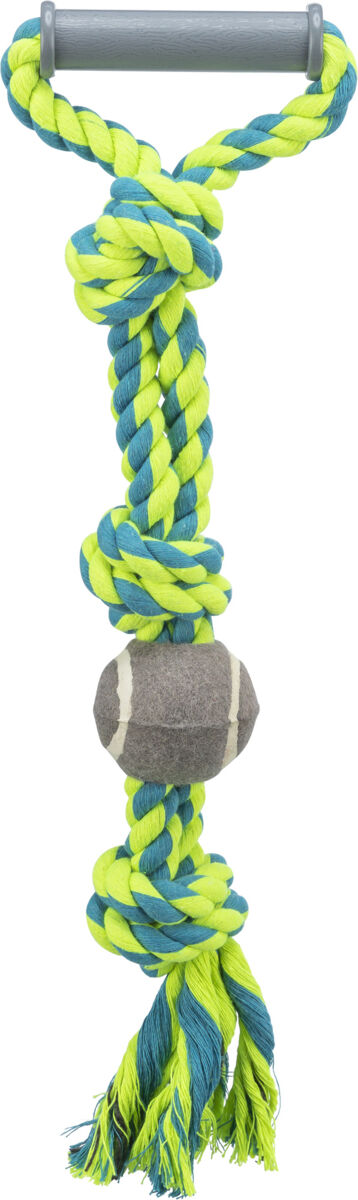 Geflochtenes Hundespielzeug in Blau und Gelb mit grauem Griff und integriertem Ball in der Mitte.