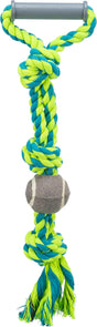 Geflochtenes Hundespielzeug in Blau und Gelb mit grauem Griff und integriertem Ball in der Mitte.