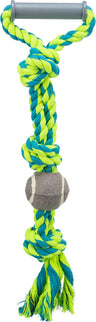 Geflochtenes Hundespielzeug in Blau und Gelb mit grauem Griff und integriertem Ball in der Mitte.