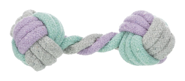 Geknotetes Hundespielzeug in Pastellfarben aus geflochtenem Seil, kombiniert aus Grau, Lila und Grün.