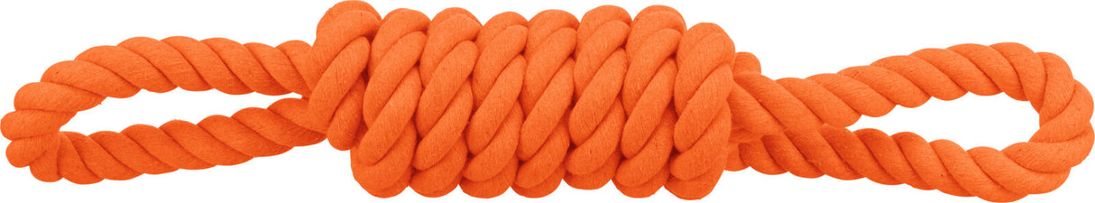 Orangefarbener gedrehter Knoten aus Seil mit zwei sichtbaren Ösen an den Enden.
