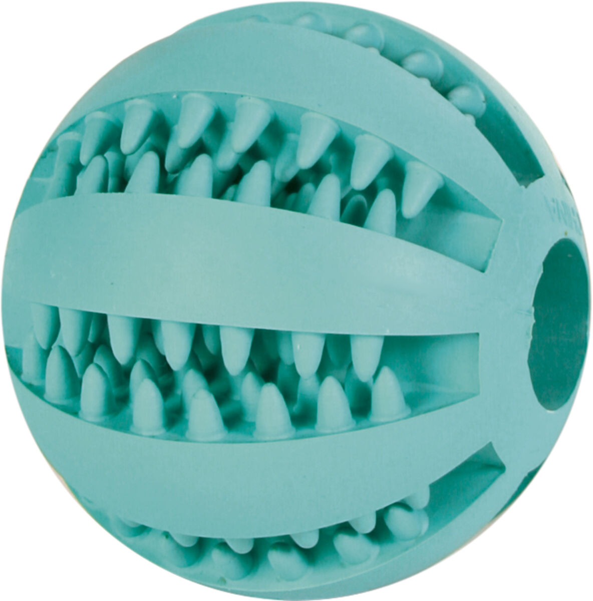 Runder, hellblauer Ball mit Noppenstrukturen und Schlitzen an der Oberfläche.