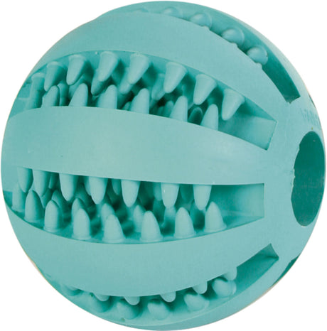 Runder, hellblauer Ball mit Noppenstrukturen und Schlitzen an der Oberfläche.