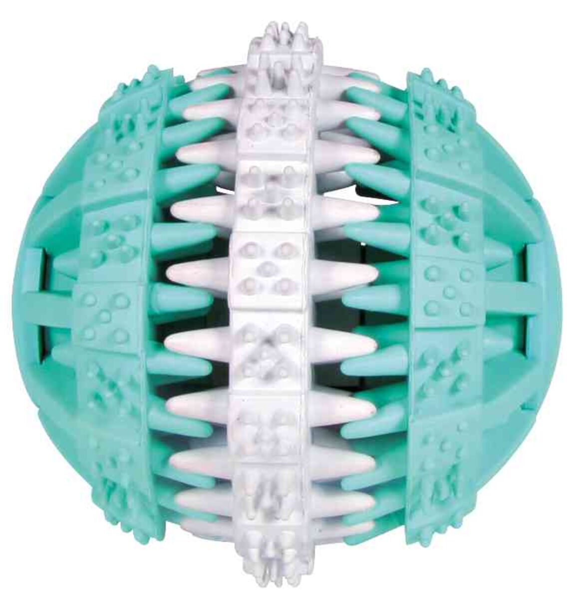 Grün-weißer Ball mit stachelartigen Erhebungen und strukturierter Oberfläche.