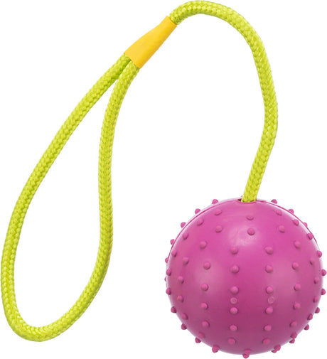 Rosa genoppter Ball mit gelber Kordel, die Schlaufe bildet und miteinander verbunden ist.