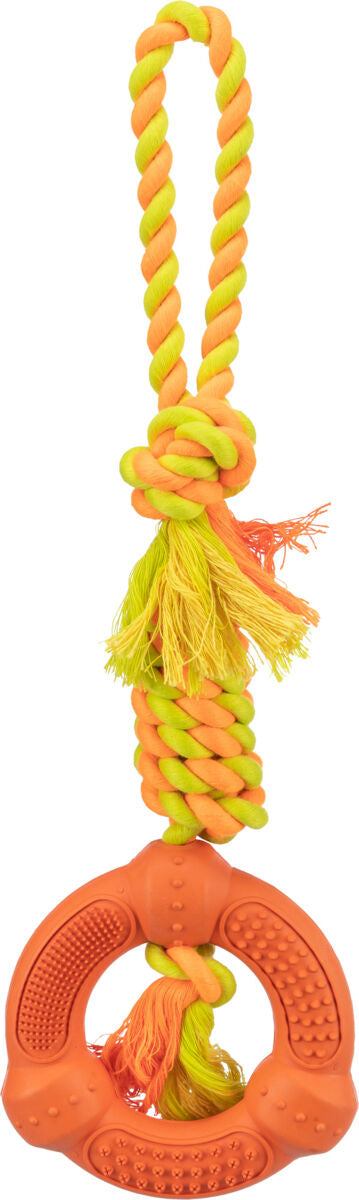 Orange-gelbes Hundespielzeug mit Knotenseil und rundem Gummiteil, ideal zum Kauen und Ziehen geeignet.
