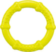 Gelber Kunststoffring mit hervorstehenden Noppen und knochenförmigen Ausbuchtungen, kreisförmiges Design.