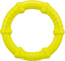 Gelber Kunststoffring mit hervorstehenden Noppen und knochenförmigen Ausbuchtungen, kreisförmiges Design.
