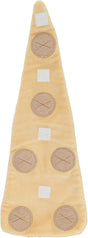 Gelbes, dreieckiges Plüschobjekt mit fünf runden beige Patches und fünf weißen quadratischen Bereichen.