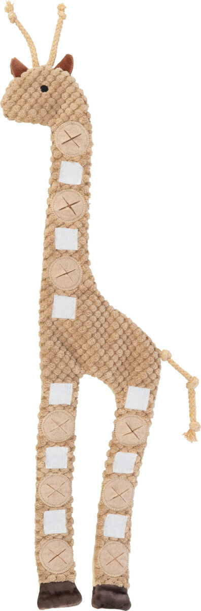 Langes, hellbraunes Stofftier in Form einer Giraffe mit weißen und braunen Details auf dem Körper.