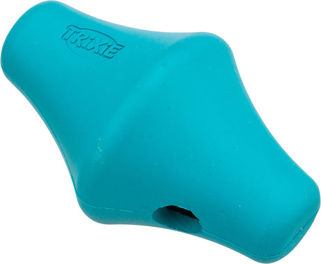 Ein türkisfarbenes, ergonomisch geformtes Objekt aus Kunststoff mit dem Schriftzug "Trixie".