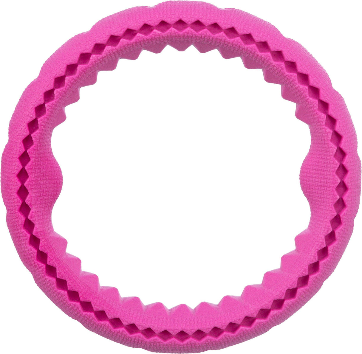 Runder, rosa Ring mit gezacktem Rand und strukturiertem Muster, sichtbar von oben.