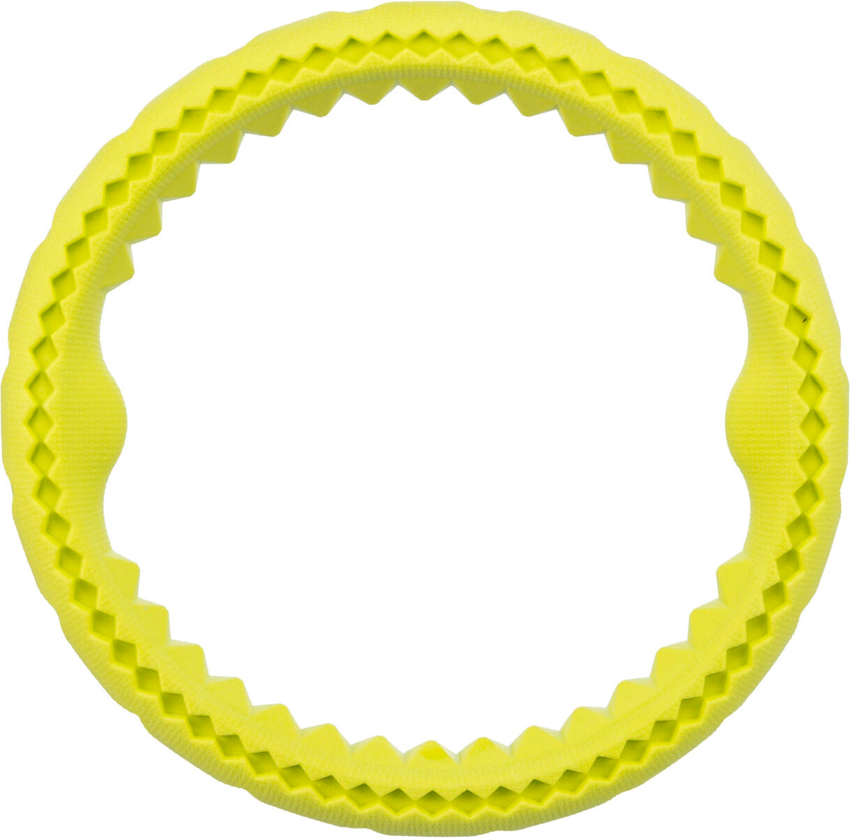 Gelber, gezackter Kreis mit schwarzer Verzierung entlang des Randes, ähnlich einem Spielzeugring.