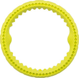 Gelber, gezackter Kreis mit schwarzer Verzierung entlang des Randes, ähnlich einem Spielzeugring.