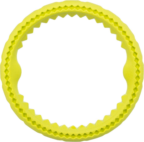 Gelber, gezackter Kreis mit schwarzer Verzierung entlang des Randes, ähnlich einem Spielzeugring.