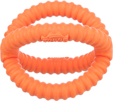 Zwei orange, geriffelte Kunststoffringe mit eingraviertem Text, die ineinander verschlungen sind.