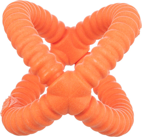 Orangefarbenes, geripptes, spiralförmiges Objekt in Kreuzform, plastisches Material, keine weiteren sichtbaren Details.