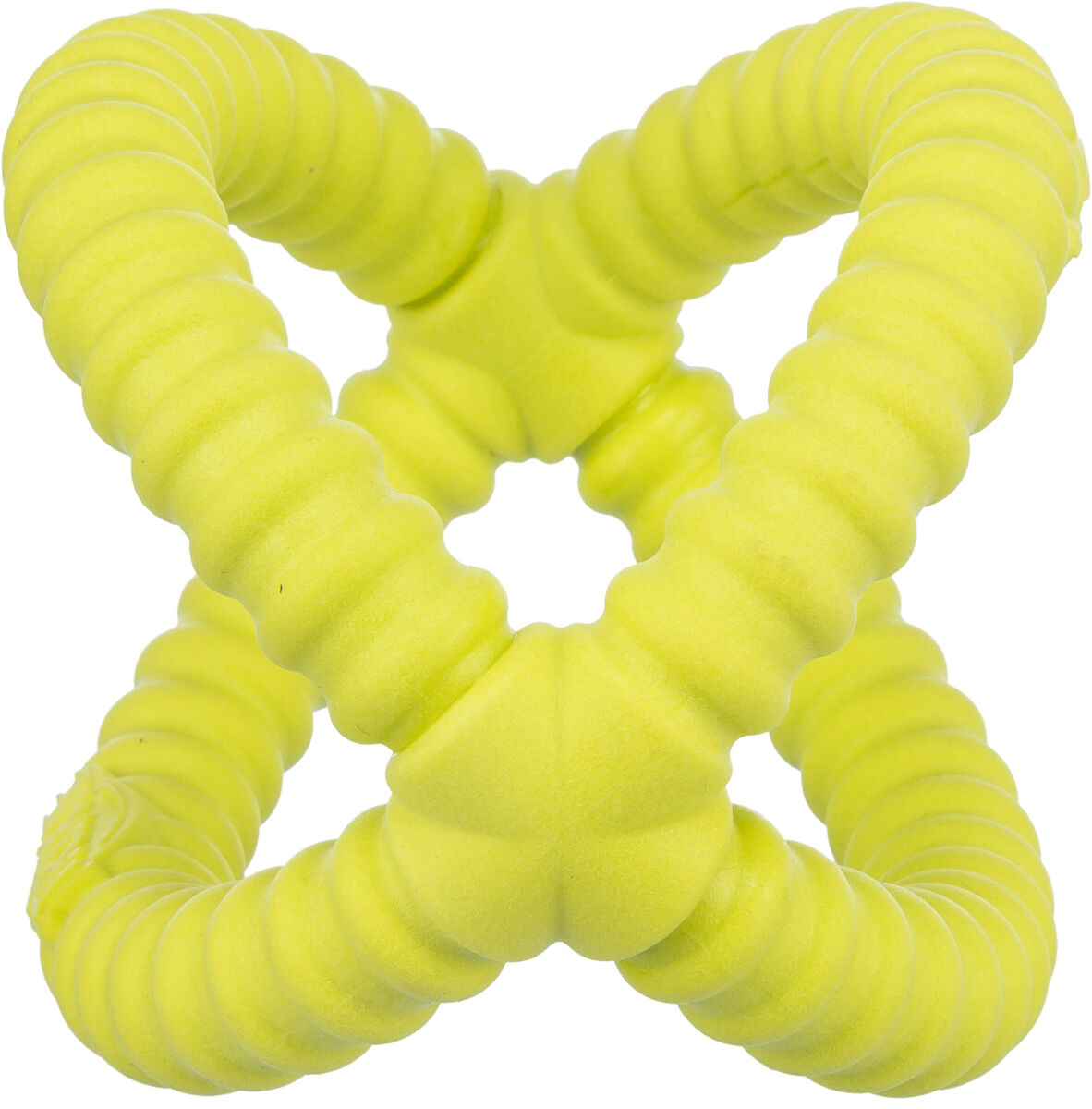 Gelbes, multidimensionales Spielzeug in Knotenform mit geripptem Oberflächenmuster.
