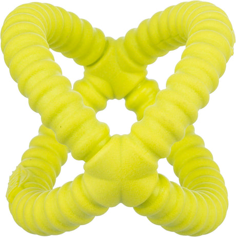 Gelbes, multidimensionales Spielzeug in Knotenform mit geripptem Oberflächenmuster.
