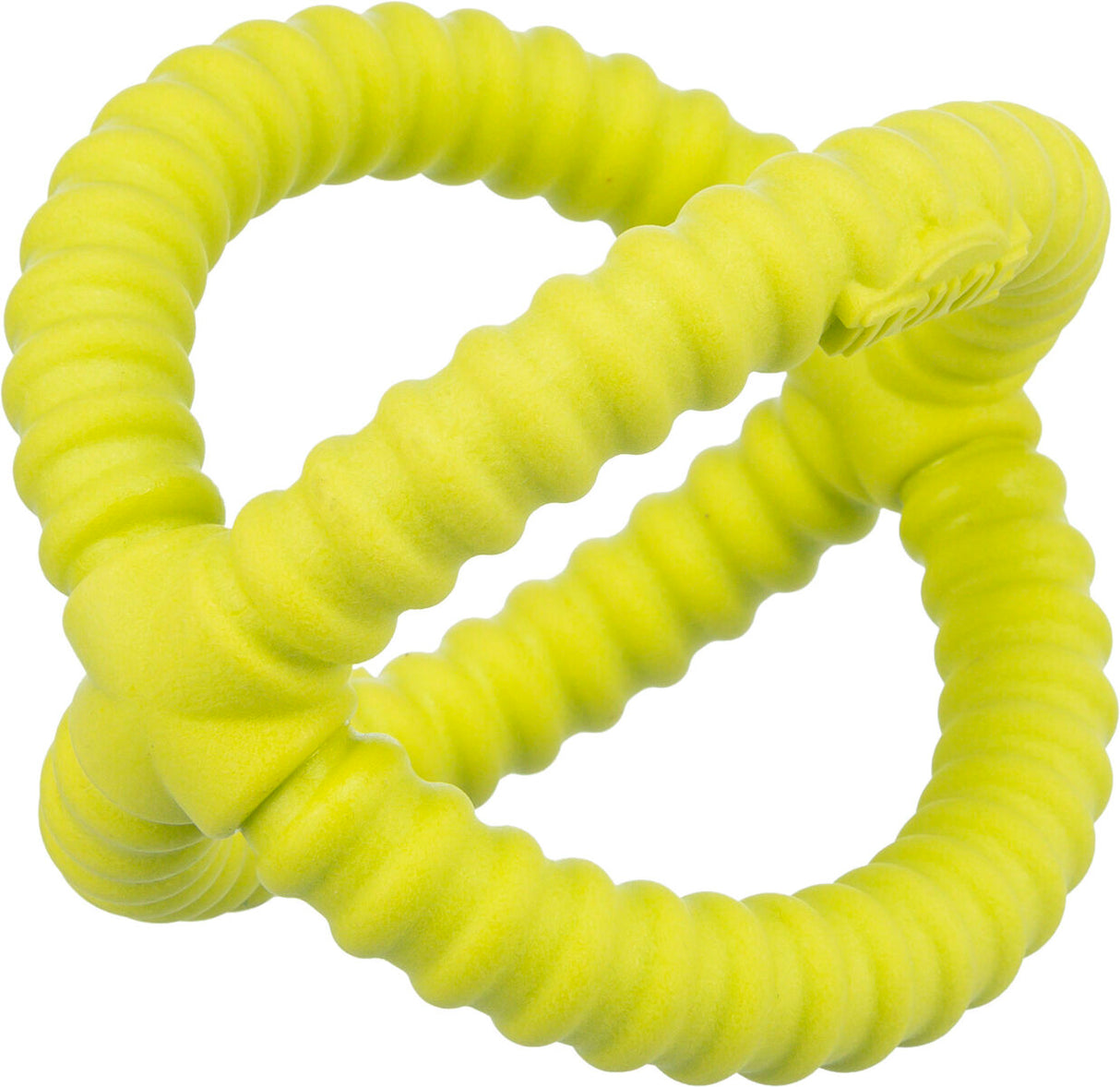 Gelbes, spiralförmiges Spielzeug mit gerippter Oberfläche, das in einer dreieckigen Form ineinander verschlungen ist.