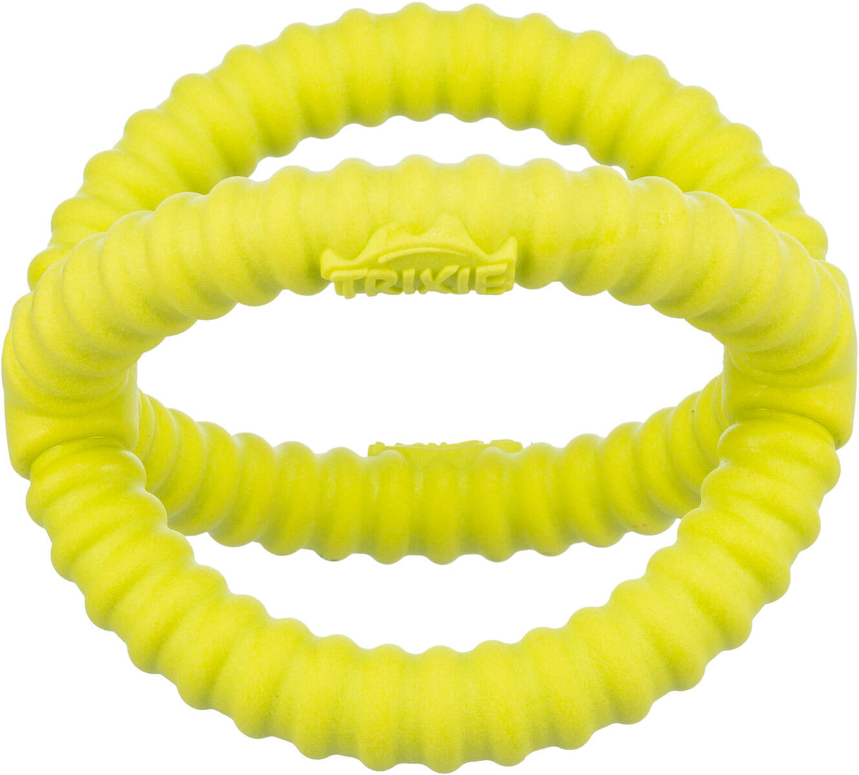 Gelbes, gewelltes Doppelring-Spielzeug aus Gummi mit eingraviertem Text, passend zum Werfen oder Ziehen.