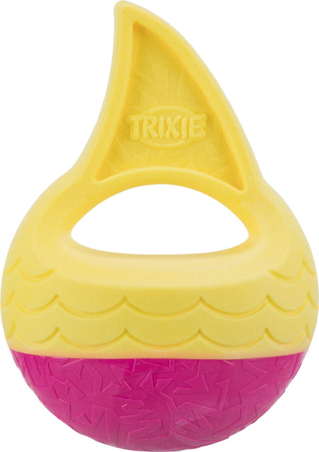 Gelbes und pinkes Hundespielzeug mit Griff und der Marke "Trixie" im gelben Bereich.
