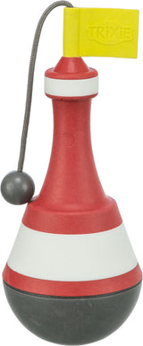 Rotes und weißes Spielzeug mit kugelförmigem Ende, gelber Flagge und grauer Schnur, Aufschrift "Trixie".