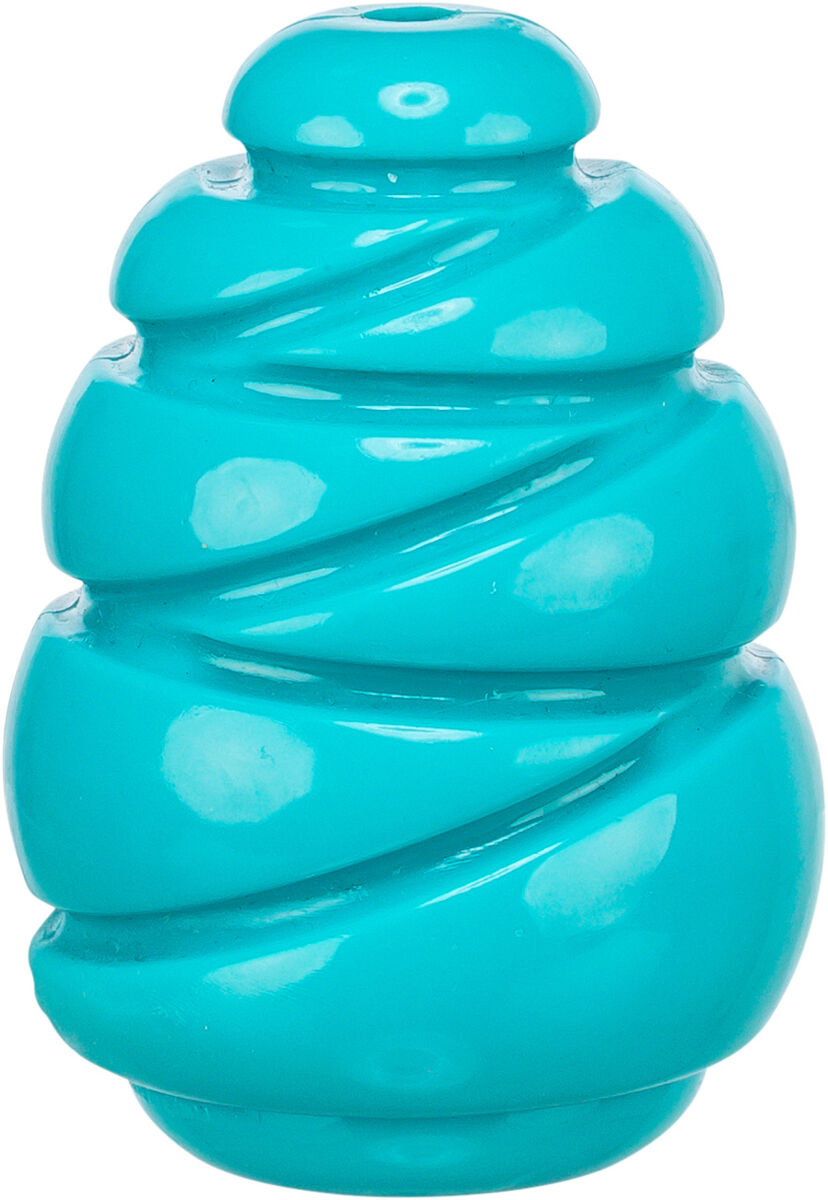 Türkisfarbenes, spiralförmiges Plastikspielzeug mit glänzender Oberfläche und runder, konischer Form.
