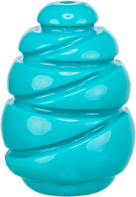Türkisfarbenes, spiralförmiges Plastikspielzeug mit glänzender Oberfläche und runder, konischer Form.