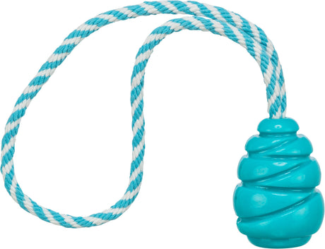 Spielzeug mit spiralförmigem, türkisfarbenem Kunststoffteil und blau-weißem Seil, das geflochten ist.