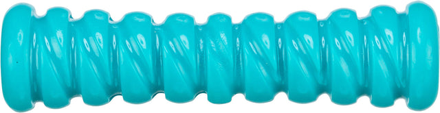 Zylinderförmiges, blaues, spiralig geriffeltes Objekt aus glänzendem Material.