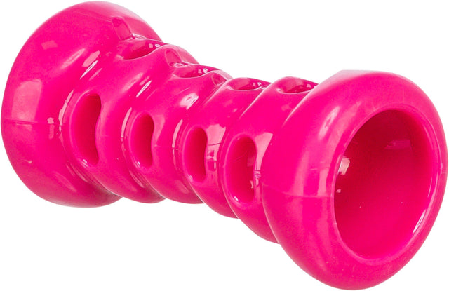 Pinkes, röhrenförmiges Spielzeug mit mehreren runden Öffnungen entlang der Oberfläche.