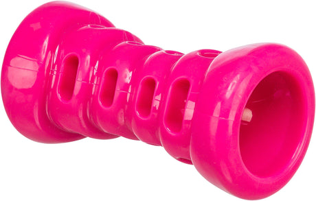 Rosa, zylindrisches Spielzeug mit mehreren Öffnungen und einem hohlen Inneren.