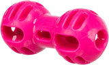 Rosa, hohles Hundespielzeug aus Kunststoff mit Gitterstruktur und zwei kugelartigen Enden.