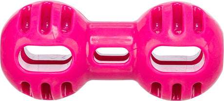 Rosa, symmetrisches Spielzeug mit mehreren Öffnungen und Griffmulden, aus glänzendem Material.