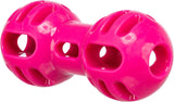 Pinkes, hohles Spielzeug mit durchbrochenem Design und zwei kugelförmigen Enden, die durch einen Mittelteil verbunden sind.